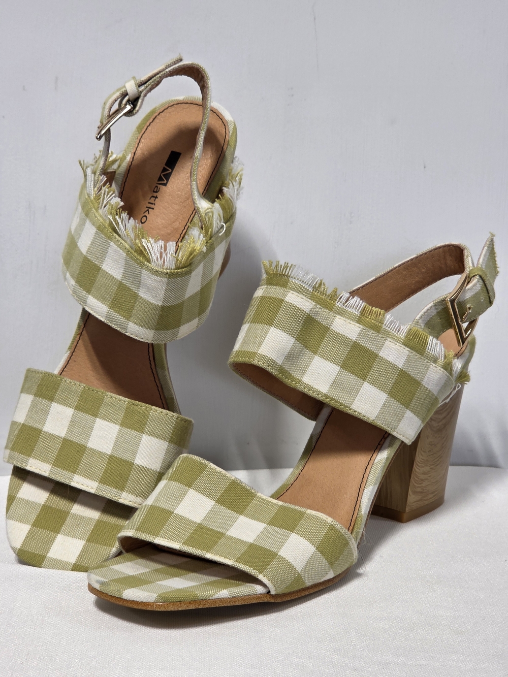 Matiko Teegan Slingback Green/White Gingham Fringe Women’s Size-8.5 EU39